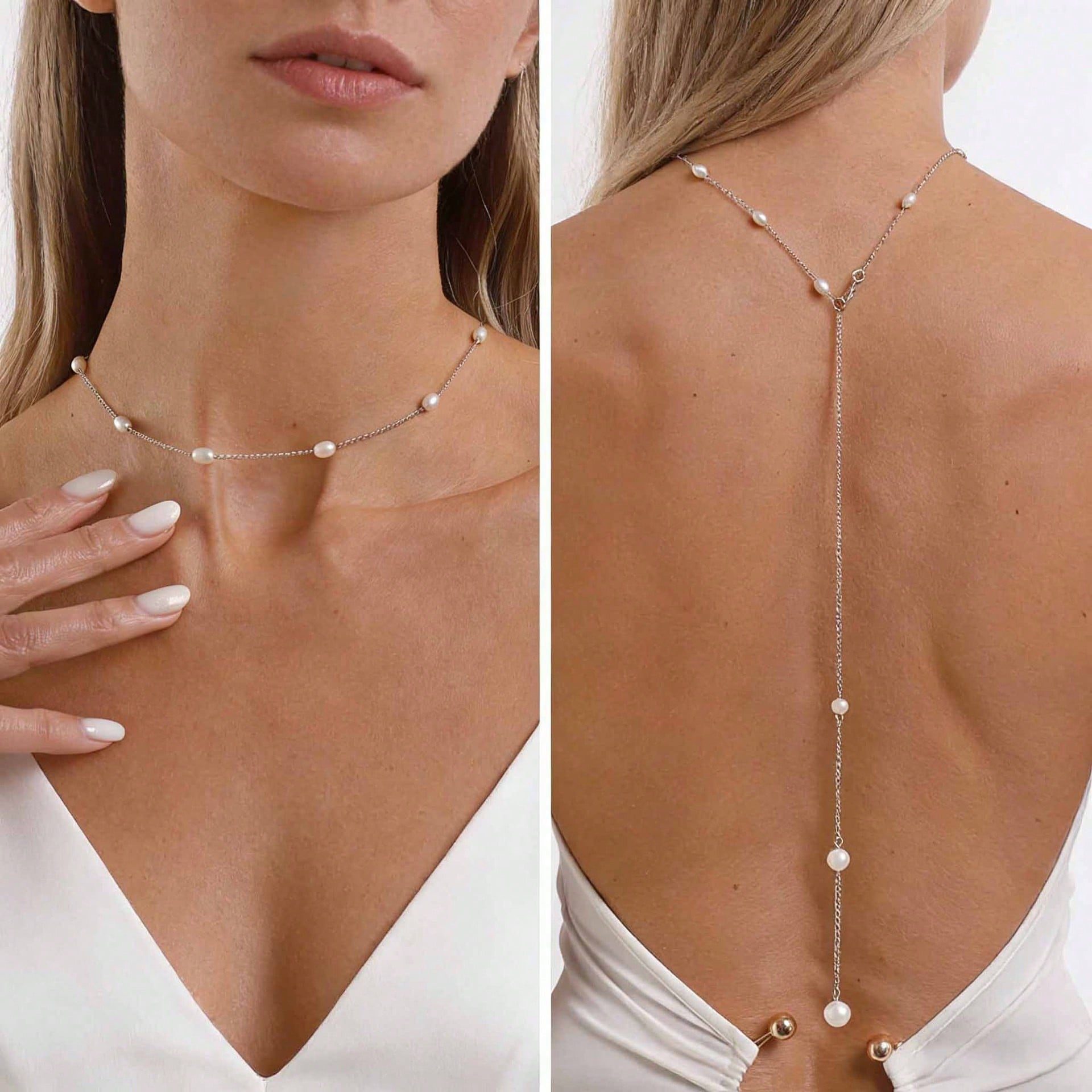 Body Jewelry Back - Women Pearl Backdrop Necklace Long Tassel